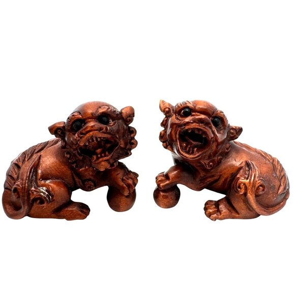 Ojime Netsuke 2 Foo Dog Lion Figurines Hand-Carved Boxwood Signed No Hole #2.2 - Picture 1 of 8